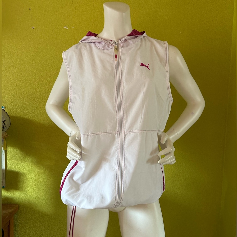 White/pink Puma Zip-up Sleeveless Vest with Hood